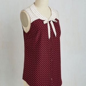 Modcloth Burgundy and White Polka Dot Blouse